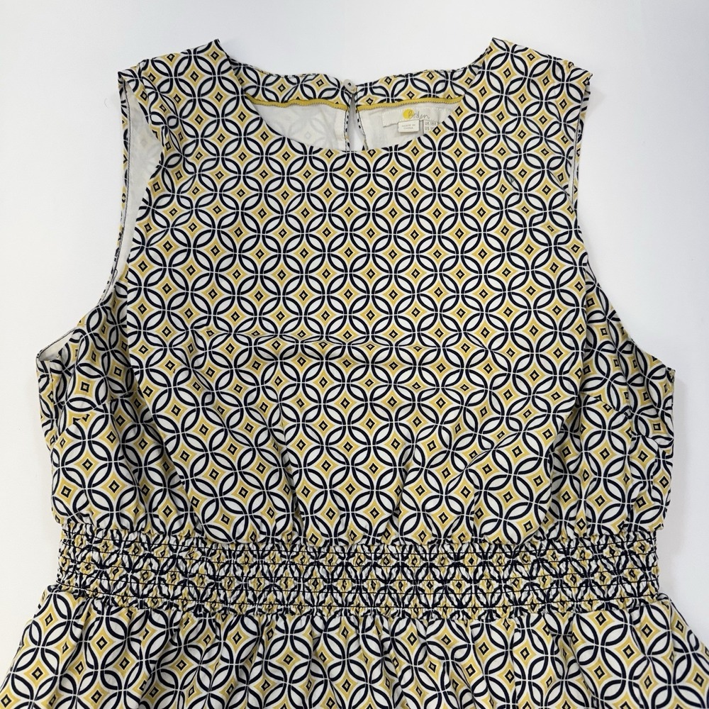 Boden Womens 14R Smocked Waist Fit Flare Cotton Dress Yellow Navy Trance Preppy - Picture 6 of 14